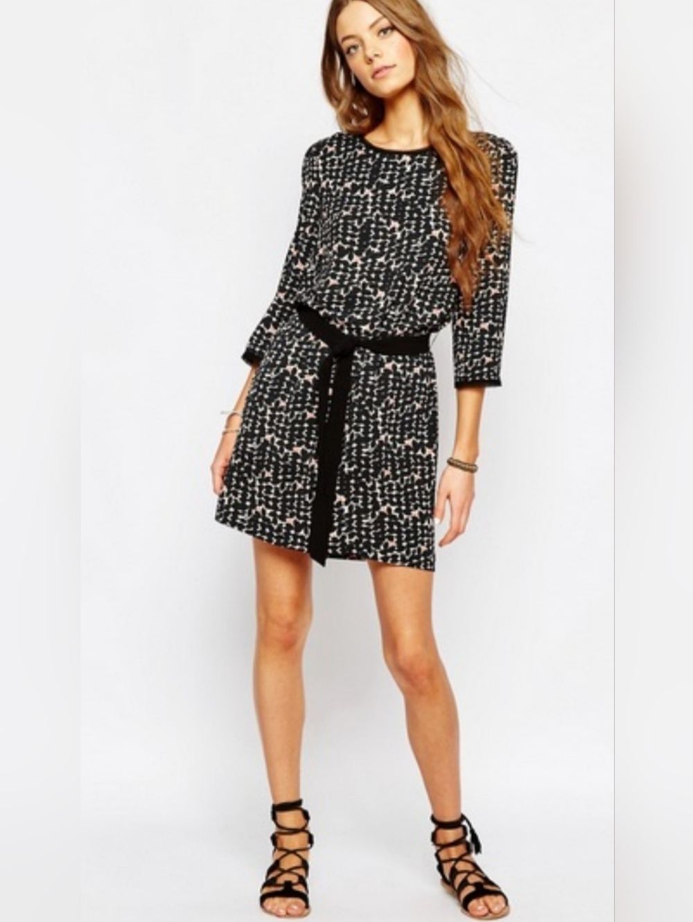 SUNCOO Black Printed Long Sleeve Belted Mini Dress
